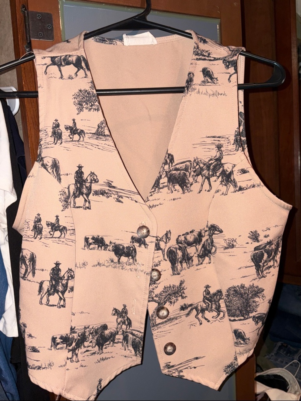 Avery Beige Western Print Vest with Black Illustrations